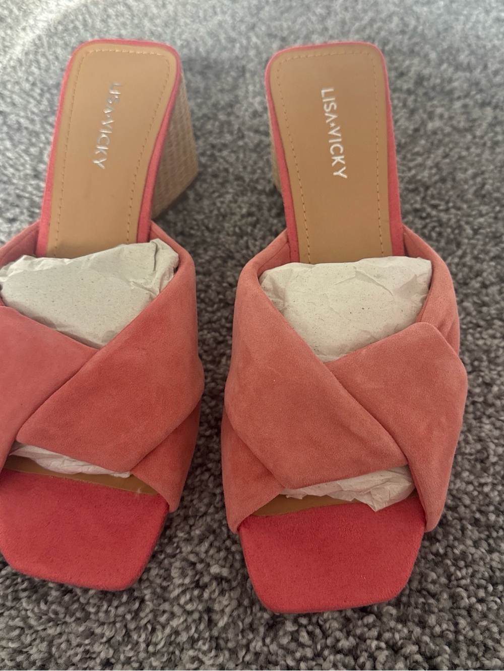 LISAVICKY Coral Suede Crisscross Block Heel Mules